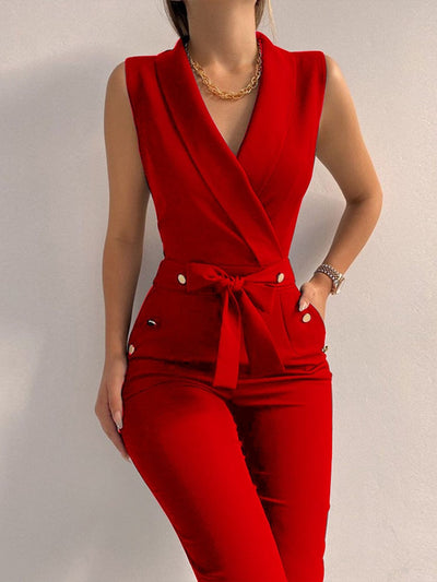 Sexy Black Elegant Ladise Office Bodycon Jumpsuit Fashion V Neck Pocket Button Lace-Up Romper For Women Summer Casual Overalls