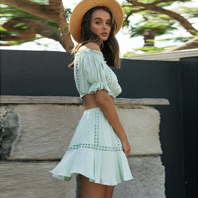 Summer New Set Women Lace Crop Top + Mini Skirts 2 Piece Suit Casual Boho Beach Sets For Woman Sexy Off Shoulder Clothing