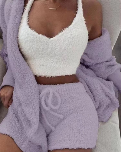 3 Piece Fluffy Plush Backless Fleece Pyjamas Sets