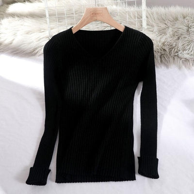 v-neck solid autumn winter Sweater - Black / One Size