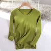 v-neck solid autumn winter Sweater - Army Green / One Size