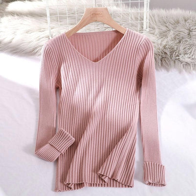 v-neck solid autumn winter Sweater - Pink / One Size