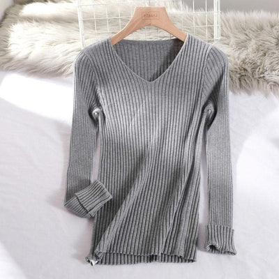 v-neck solid autumn winter Sweater - Gray / One Size