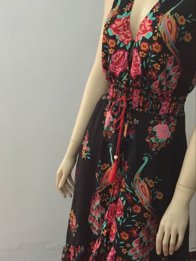 Deep V-Neck Boho Floral Print Dress
