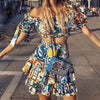 Printed Top+Casual Ruffles Mini Skirts Two-Pieces Set