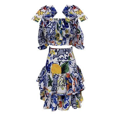 Printed Top+Casual Ruffles Mini Skirts Two-Pieces Set