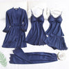 5 Piece Pajamas Set - Faux Silk Dressing Gown Lace Summer Robe Sleepwear With Chest Pads