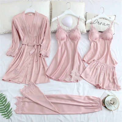 5 Piece Pajamas Set - Faux Silk Dressing Gown Lace Summer Robe Sleepwear With Chest Pads