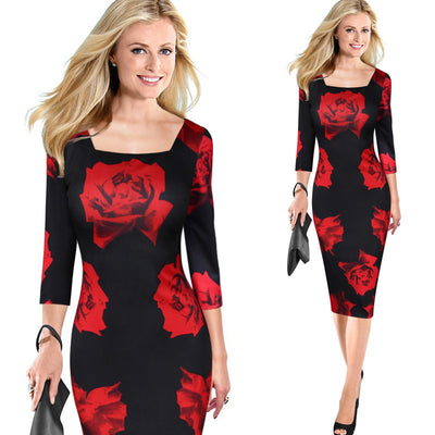 Red Rose flowers Printed One Piece Dress