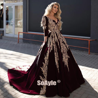 Burgundy Sequins Ball Gown Long Arabic Dresses
